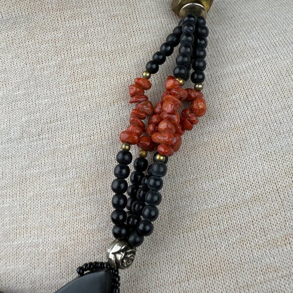 Vintage MOP Inlay Panther Cat Beaded Necklace Pendant 23.5" - Picture 3 of 7